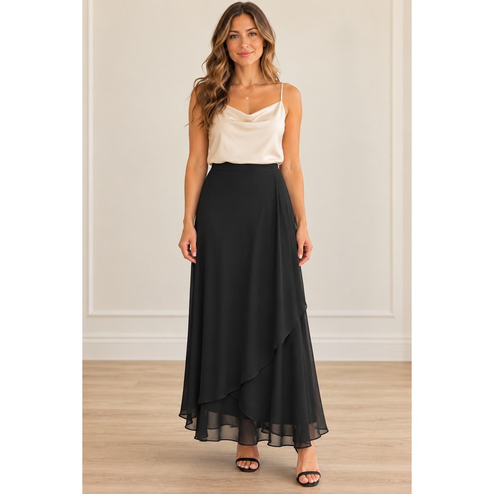 Alex Evenings Womens Black Chiffon Tiered Tulip Hem Pull-On Maxi Skirt Medium